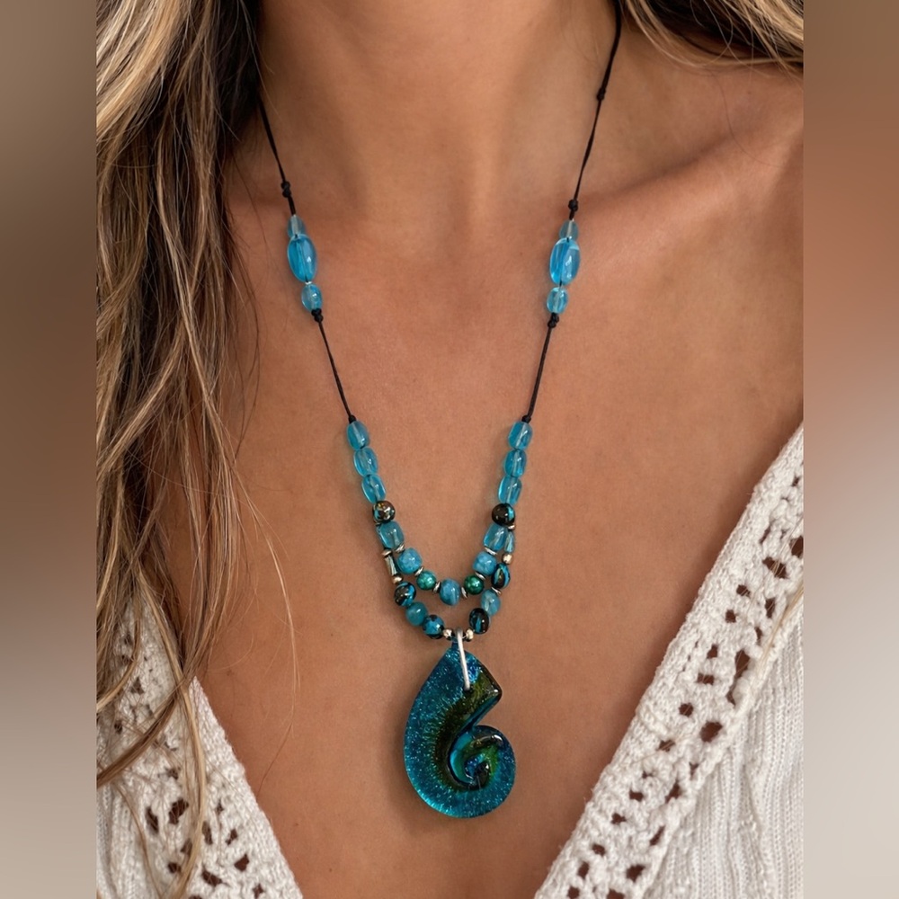 Handcrafted Ocean Glass Spiral Pendant Necklace Boho Coastal Turquoise Beaded